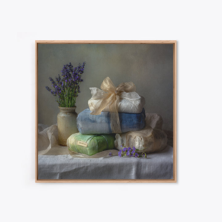 Lavender Sachet and Ribbon Still Life Framed Canvas Print, Laundry Room Art, Gallery Decor, Living Room Decor, Fine Art, Clean, LRA-1x1-41