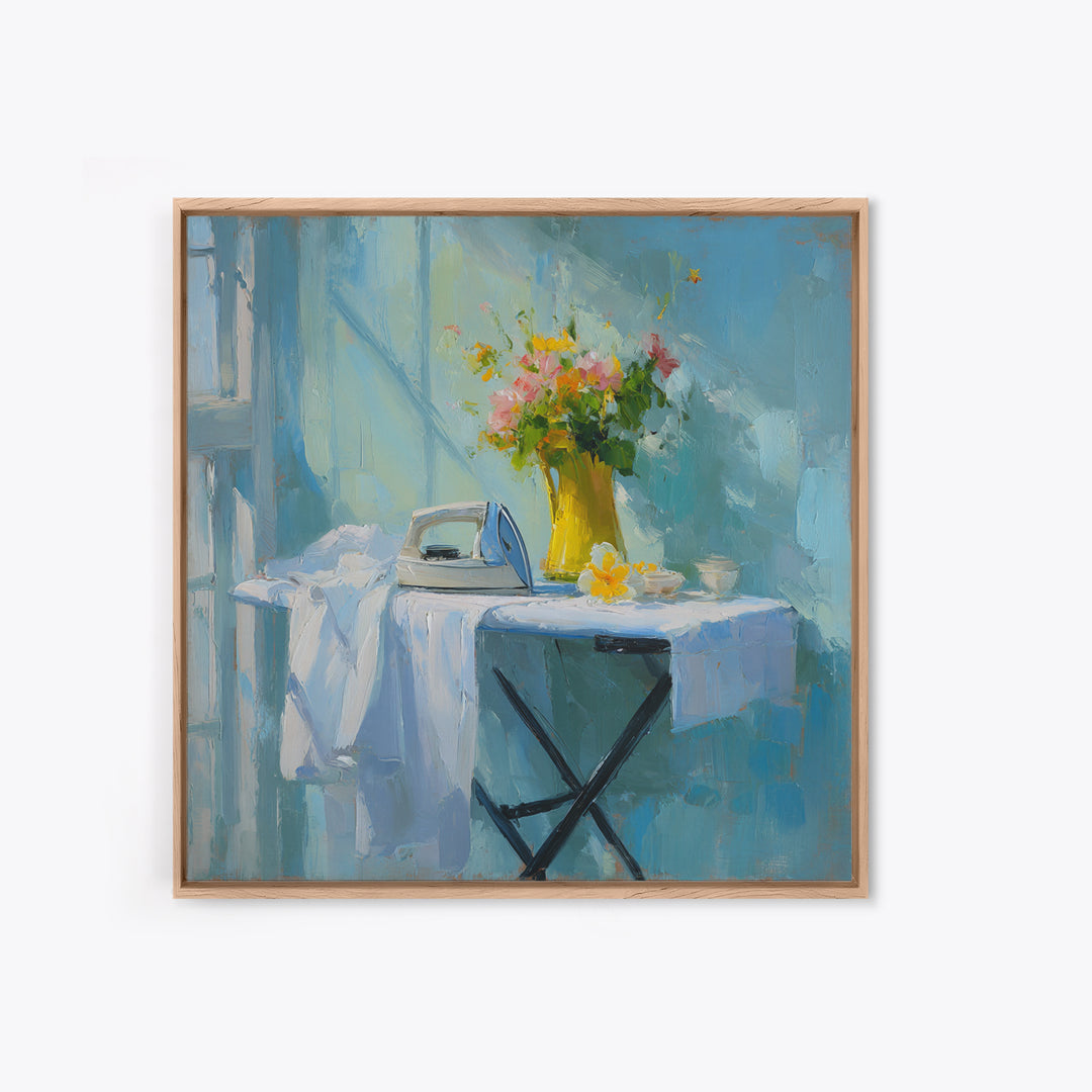 Ironing Board Still Life Framed Canvas Print, Laundry Room Art, Living Room Decor, Oil Painting, Clean, Wall Art Print, LRA-1x1-48