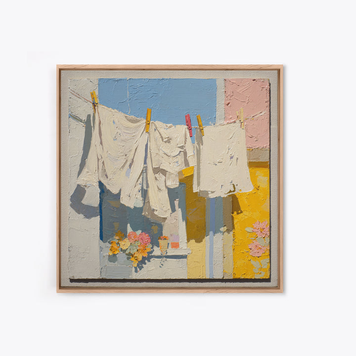 Clothesline with White Linens Blowing in Sunshine Canvas Print, Laundry Room Art, Modern Decor, Living Room Decor, Abstract Art, LRA-1x1-49