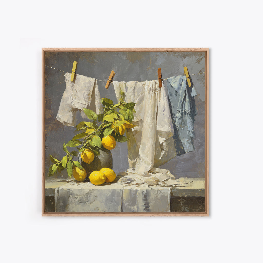 Lemon and Clean Linen Still Life Framed Canvas Print, Laundry Room Art, Rustic Home Decor, Living Room Decor, Abstract Art, LRA-1x1-51