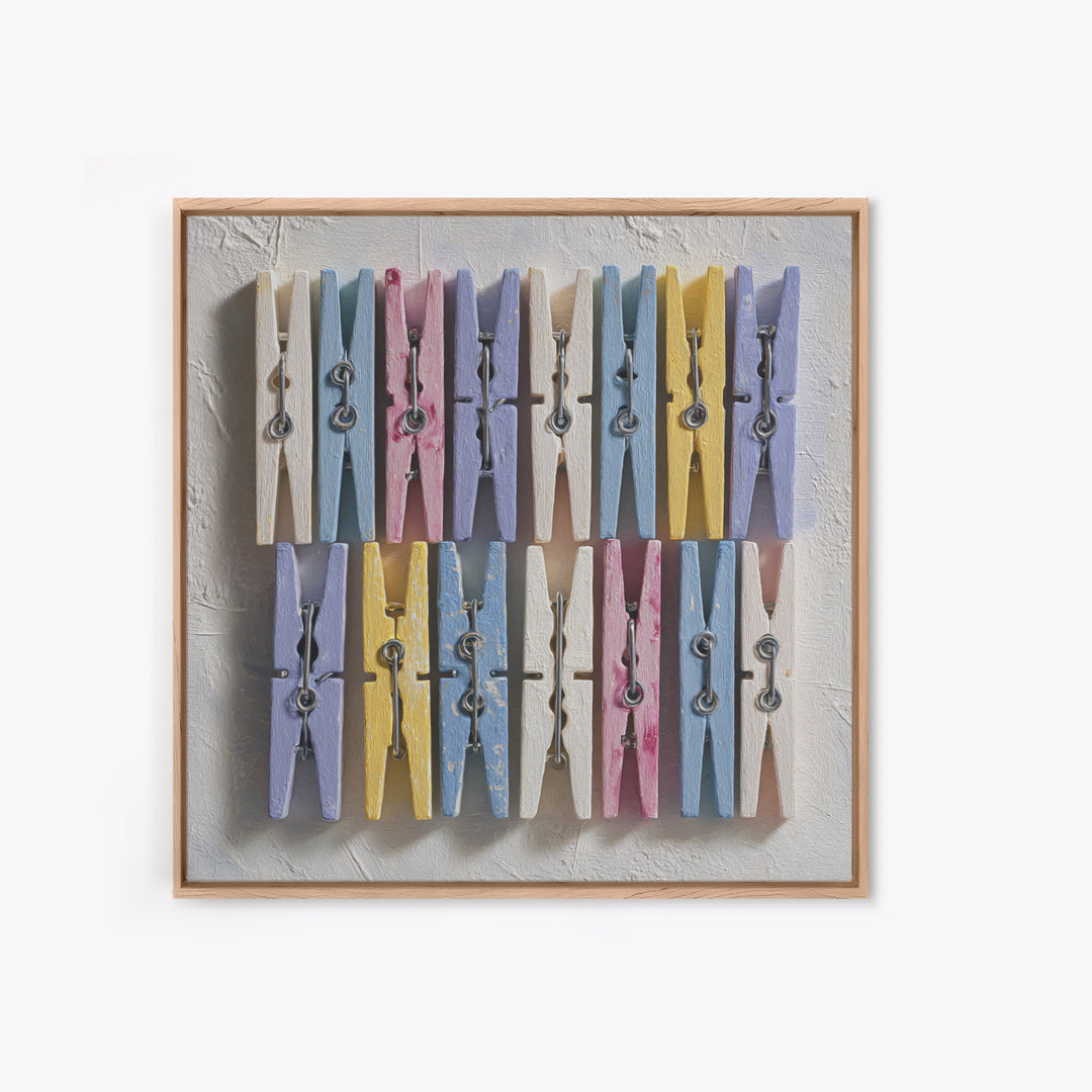 Cheerful Clothespins Arranged as Pattern Framed Canvas Print, Laundry Room Art, Laundry Room Decor, Living Room Decor, Clean, LRA-1x1-52