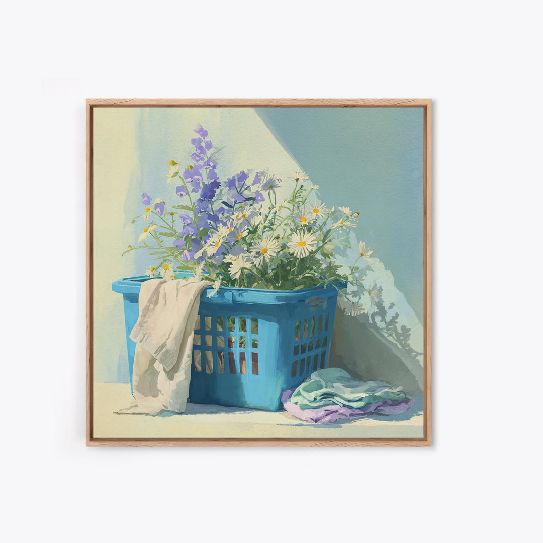 Blue Laundry Basket Framed Canvas Print, Laundry Room Art, Fine Art Print, Living Room Decor, Fine Art, Clean, Painting, LRA-1x1-53