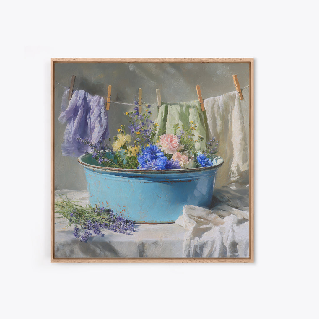 Old Enamel Basin Filled Framed Canvas Print, Laundry Room Art, Printable Art, Living Room Decor, Fine Art, Clean, Whimsical Art, LRA-1x1-56