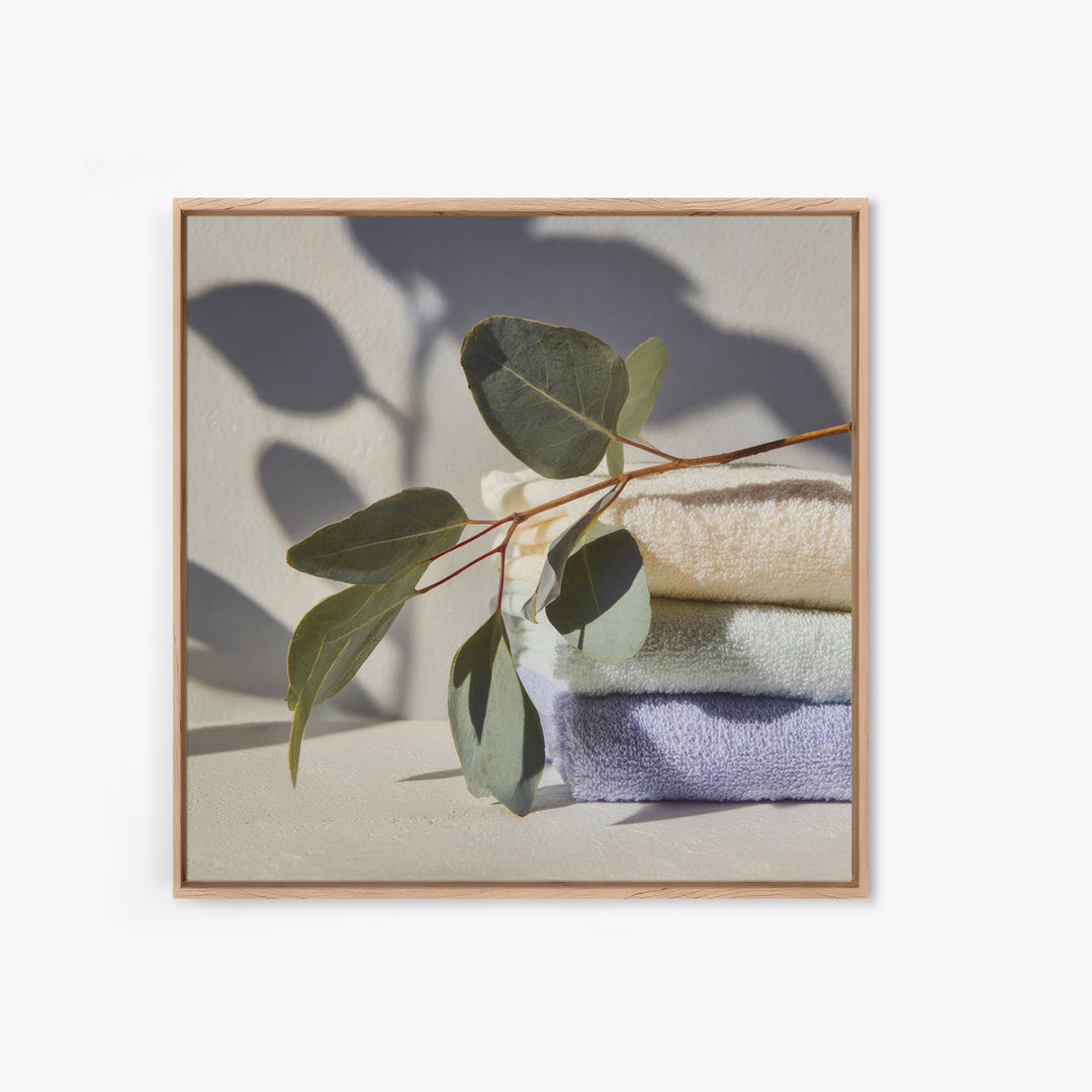 Sunlit White Towels and Eucalyptus Branch Canvas Print, Laundry Room Art, Digital Art Print, Living Room Decor, Fine Art, Clean, LRA-1x1-59