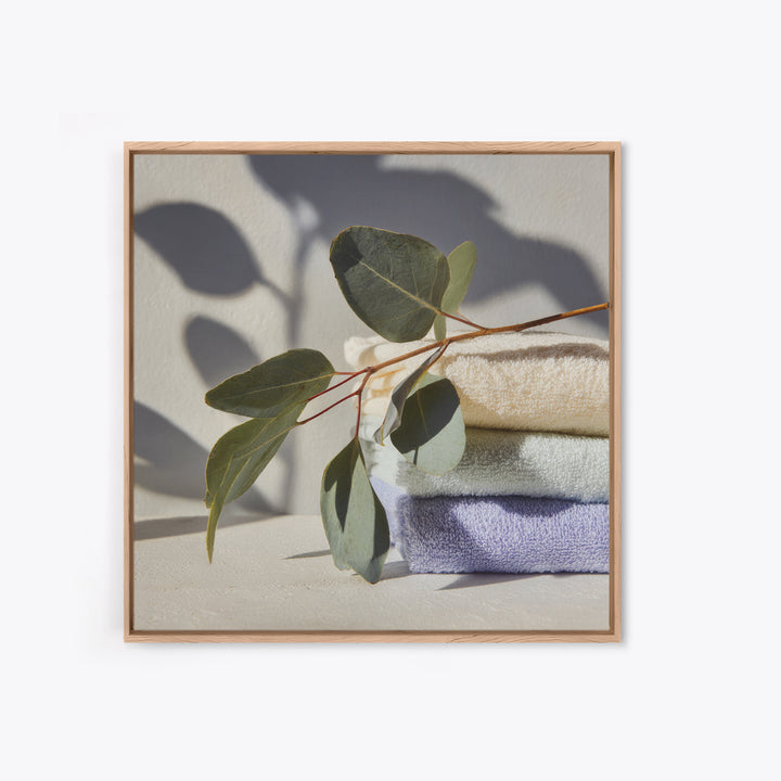 Sunlit White Towels and Eucalyptus Branch Canvas Print, Laundry Room Art, Digital Art Print, Living Room Decor, Fine Art, Clean, LRA-1x1-59