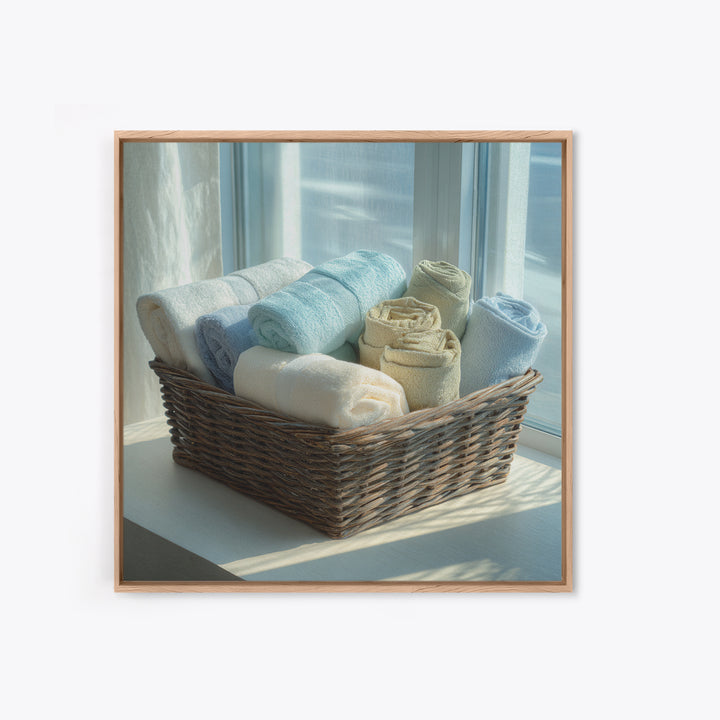 Basket of Folded Towels Framed Canvas Print, Laundry Room Art, Rustic Home Decor, Living Room Decor, Fine Art, Clean, LRA-1x1-62