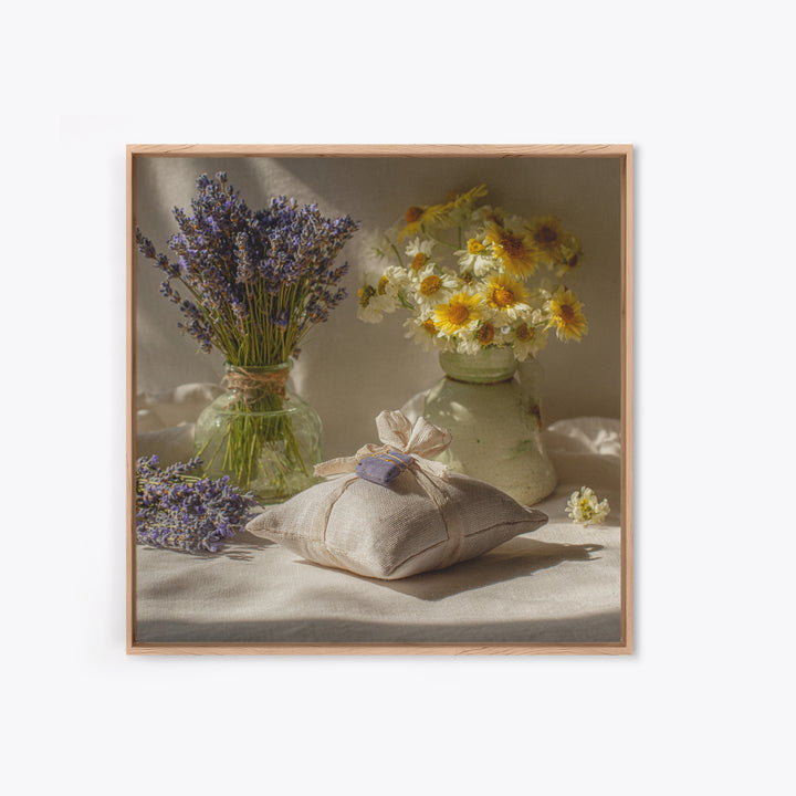 Lavender Sachet and Ribbon Still Life Framed Canvas Print, Laundry Room Art, Gallery Decor, Living Room Decor, Fine Art, Clean, LRA-1x1-65
