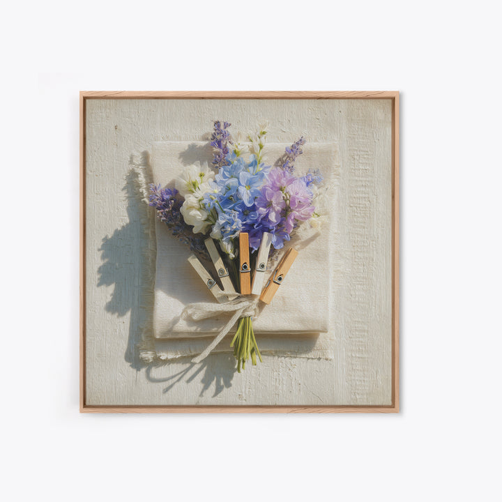 Clothespin Bouquet in Folk Art Style Framed Canvas Print, Laundry Room Art, Whimsical Art, Living Room Decor, Fine Art, Clean, LRA-1x1-68