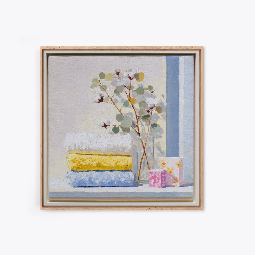 Sunlit White Towels and Eucalyptus Branch Canvas Print, Laundry Room Art, Statement Artwork, Living Room Decor, Clean, LRA-1x1-83