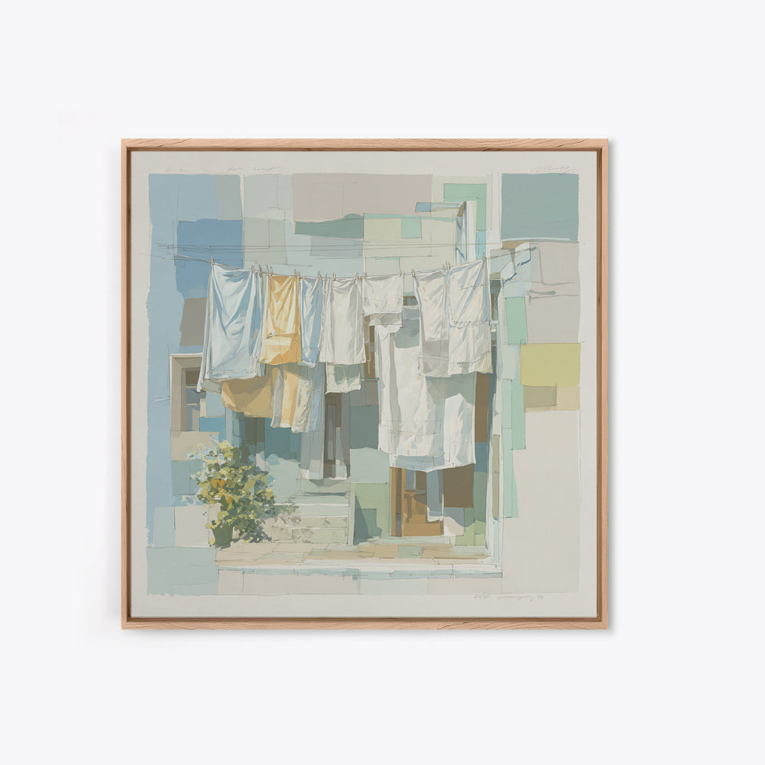 Simple Line Drawing of Hanging Laundry Framed Canvas Print, Laundry Room Art, Textured Painting, Living Room Decor, Clean, LRA-1x1-88