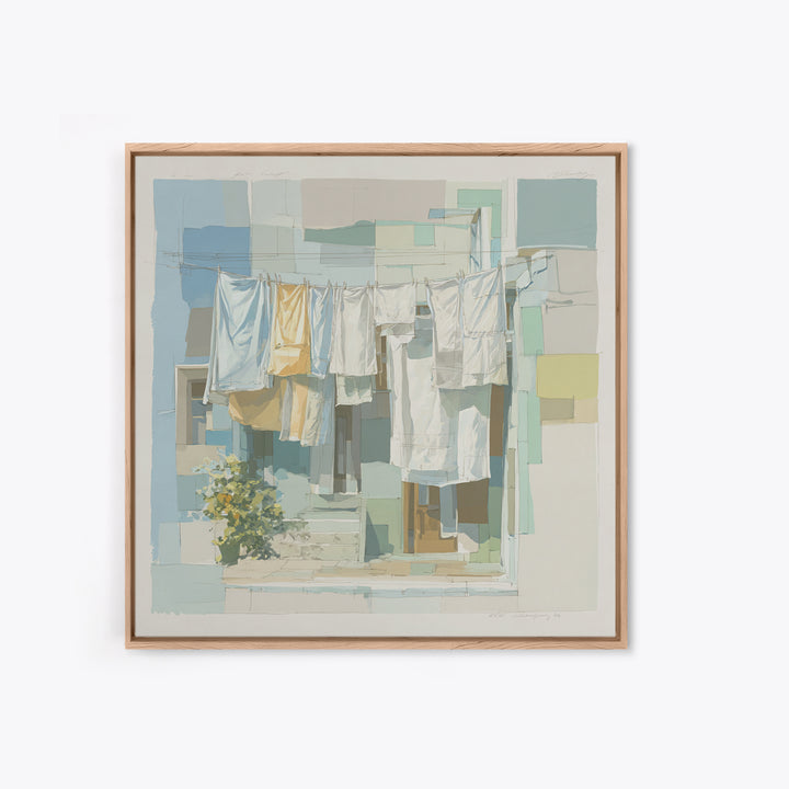 Simple Line Drawing of Hanging Laundry Framed Canvas Print, Laundry Room Art, Textured Painting, Living Room Decor, Clean, LRA-1x1-88