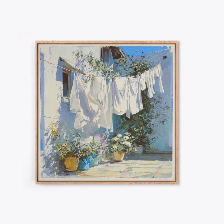 Clothesline with White Linens Blowing in Sunshine Canvas Print, Laundry Room Art, Home Decor, Living Room Decor, Clean, LRA-1x1-97