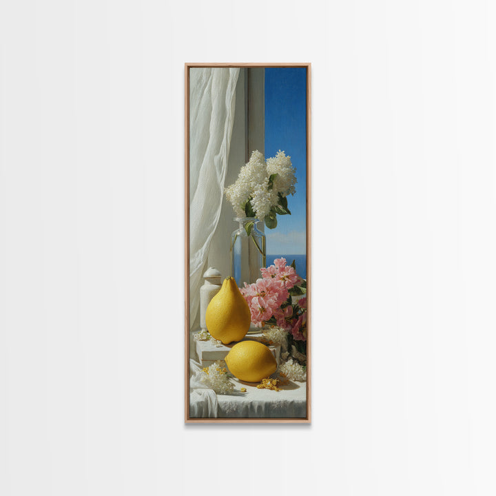 Lemon and Clean Linen Still Life Framed Canvas Print, Laundry Room Art, Wall Decor, Living Room Decor, Fine Art, Clean, LRA-1x3-15