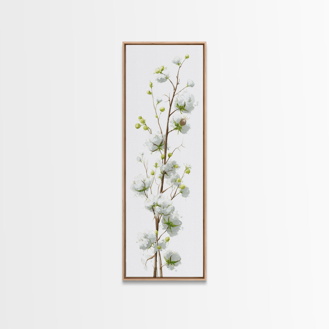 Fresh Cotton Branch Botanical Study Framed Canvas Print, Laundry Room Art, Painting, Living Room Decor, Oil Painting, Clean, LRA-1x3-19