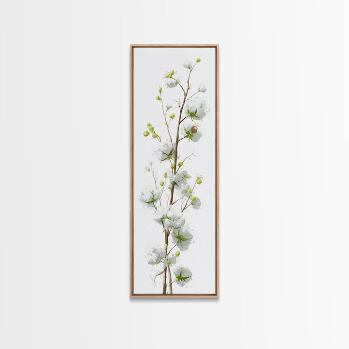 Fresh Cotton Branch Botanical Study Framed Canvas Print, Laundry Room Art, Painting, Living Room Decor, Oil Painting, Clean, LRA-1x3-19