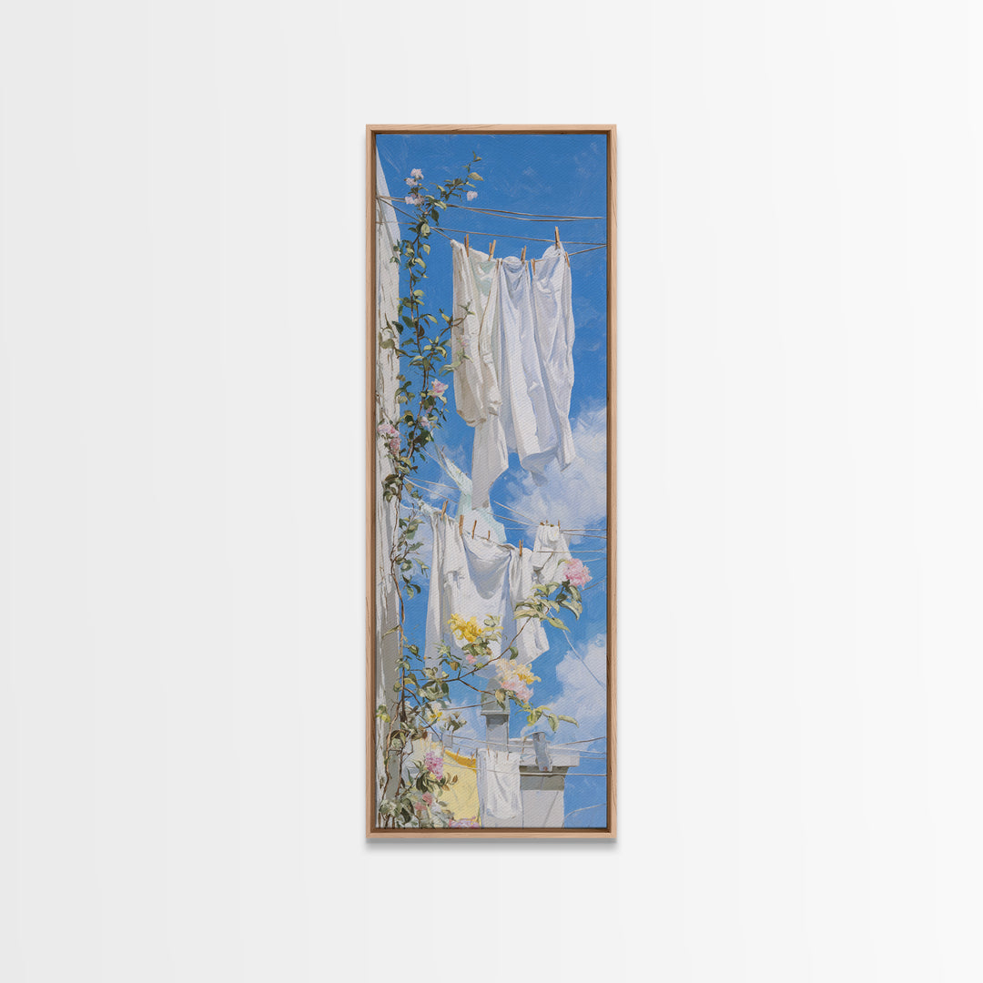 Clothesline with White Linens Blowing in Sunshine Canvas Print, Laundry Room Art, Statement Artwork, Living Room Decor, Clean, LRA-1x3-37