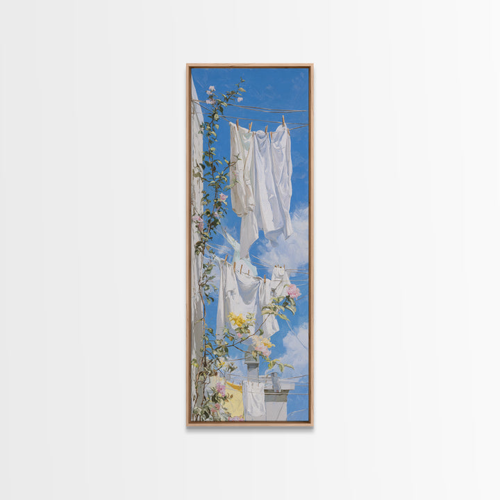 Clothesline with White Linens Blowing in Sunshine Canvas Print, Laundry Room Art, Statement Artwork, Living Room Decor, Clean, LRA-1x3-37