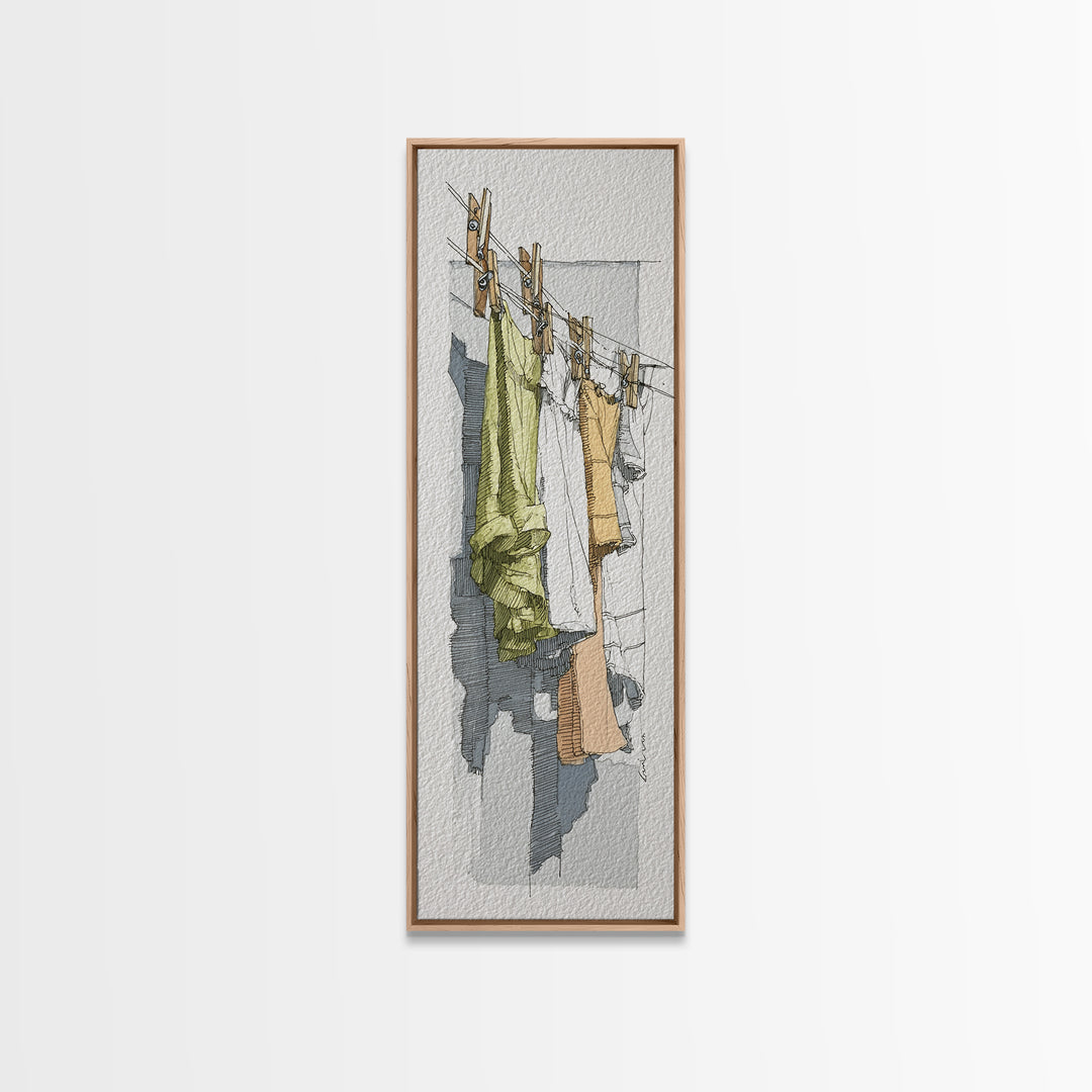 Simple Line Drawing of Hanging Laundry Framed Canvas Print, Laundry Room Art, Fine Art Print, Living Room Decor, Clean, LRA-1x3-4