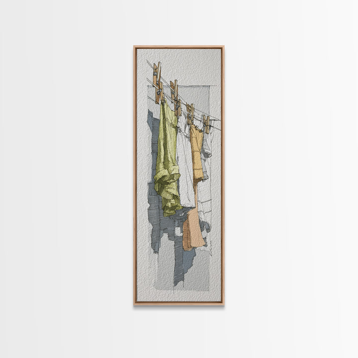 Simple Line Drawing of Hanging Laundry Framed Canvas Print, Laundry Room Art, Fine Art Print, Living Room Decor, Clean, LRA-1x3-4