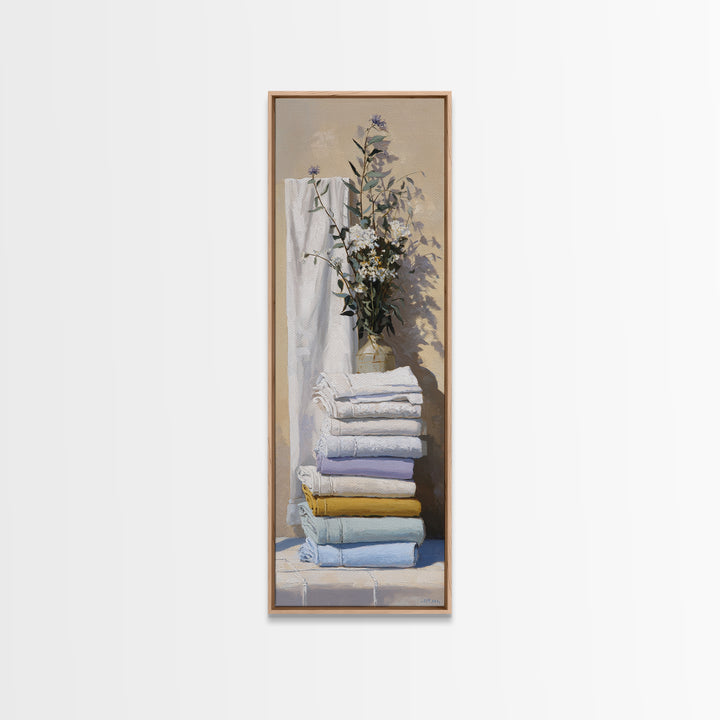 Sunlit White Towels and Eucalyptus Branch Framed Canvas Print, Laundry Room Art, New Home Gift, Living Room Decor, LRA-1x3-47