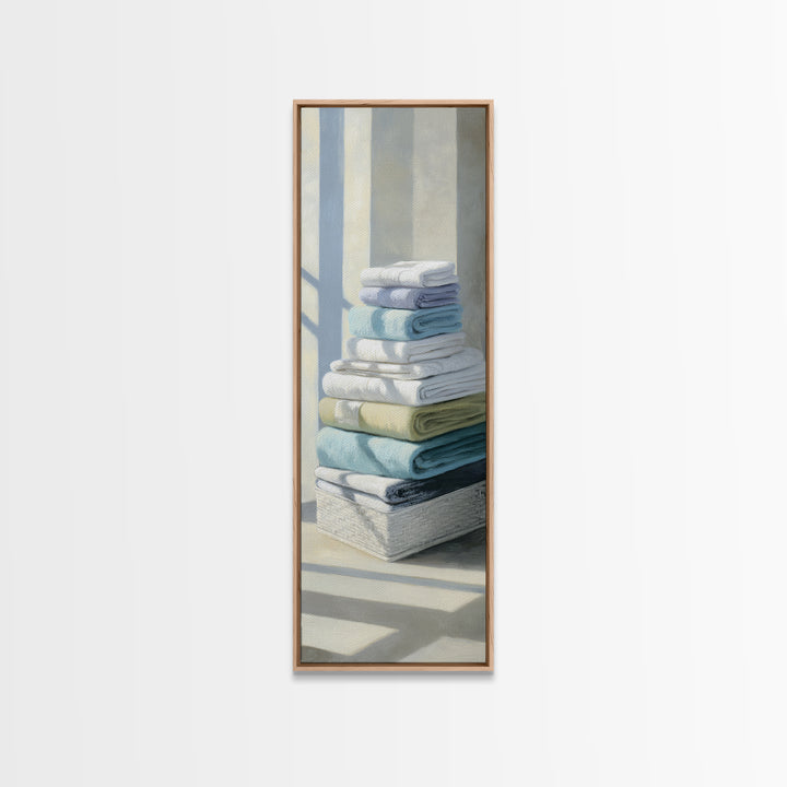 Basket of Folded Towels Framed Canvas Print, Laundry Room Art, Digital Art Print, Living Room Decor, Fine Art, Clean, LRA-1x3-50