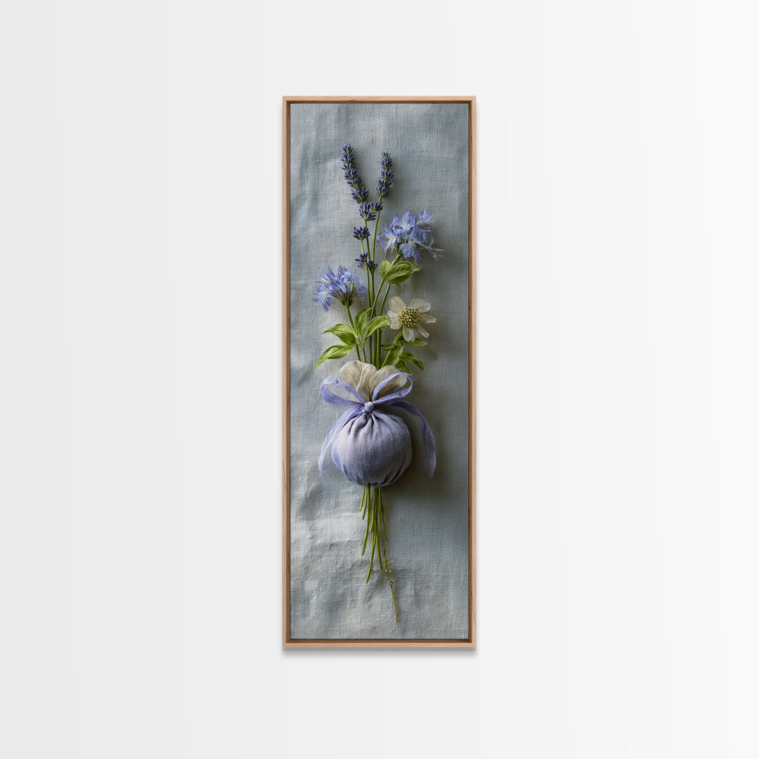 Lavender Sachet and Ribbon Still Life Framed Canvas Print, Laundry Room Art, Modern Decor, Living Room Decor, Fine Art, Clean, LRA-1x3-53