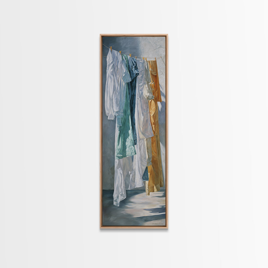 Clothesline with White Linens Blowing in Sunshine Canvas Print, Laundry Room Art, Textured Painting, Living Room Decor, Clean, LRA-1x3-61