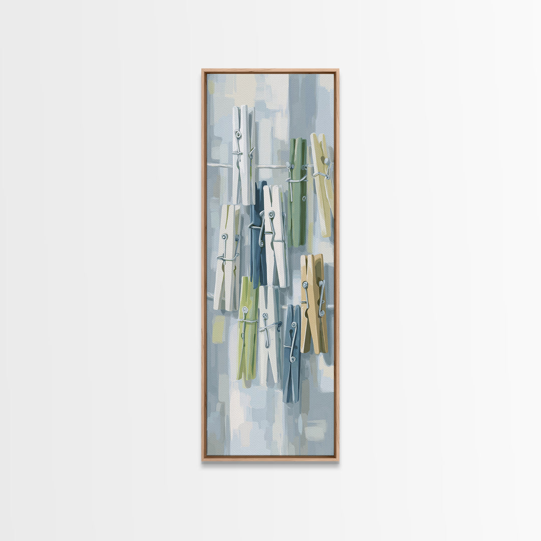 Cheerful Clothespins Arranged as Pattern Framed Canvas Print, Laundry Room Art, Printable Art, Living Room Decor, Clean, LRA-1x3-64