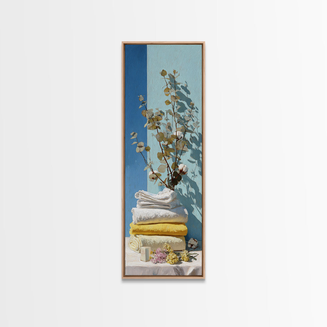 Sunlit White Towels and Eucalyptus Branch Framed Canvas Print, Laundry Room Art, Custom Wall Art, Living Room Decor, Clean, LRA-1x3-71