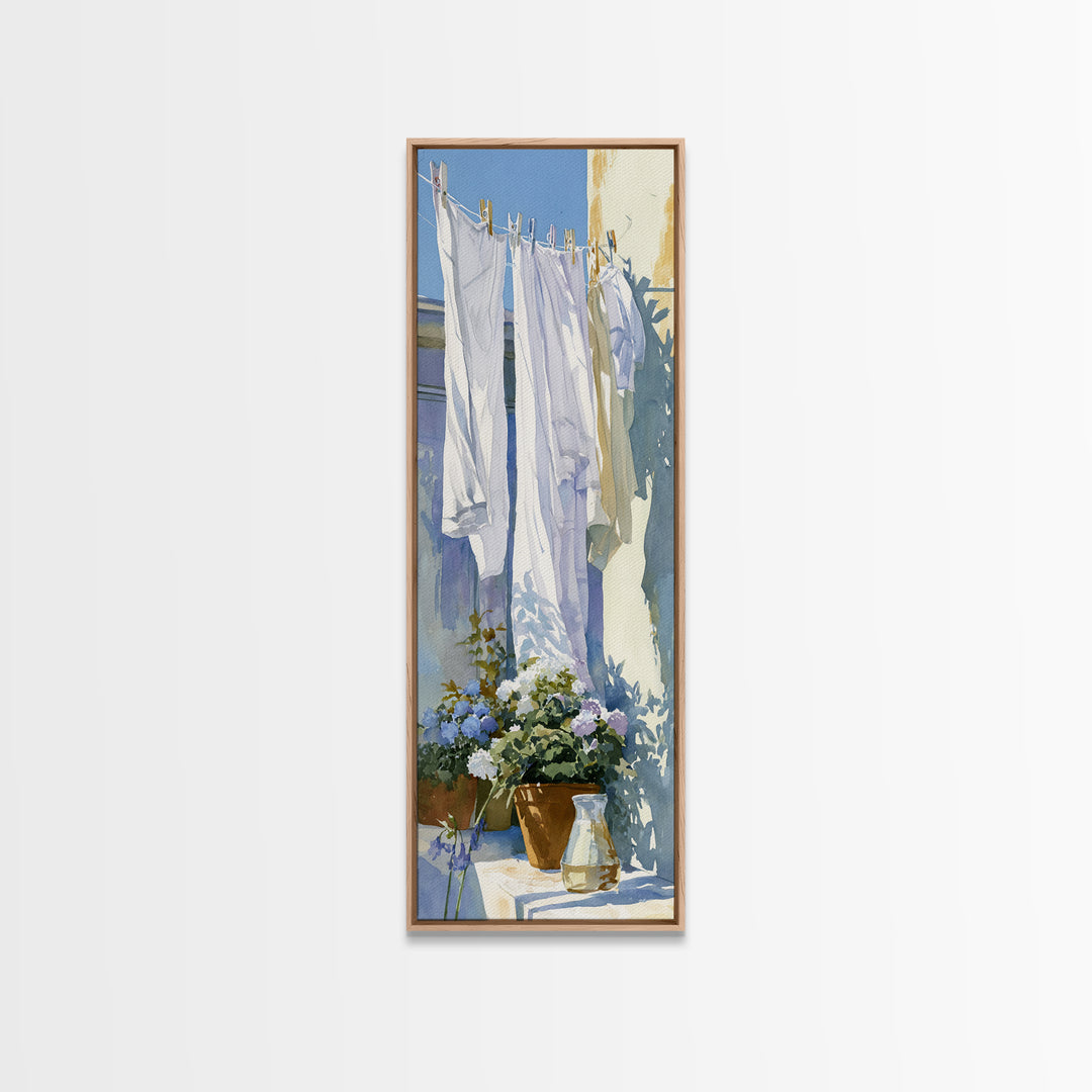 Clothesline with White Linens Blowing in Sunshine Canvas Print, Laundry Room Art, Living Room Decor, Abstract Art, Clean, LRA-1x3-85