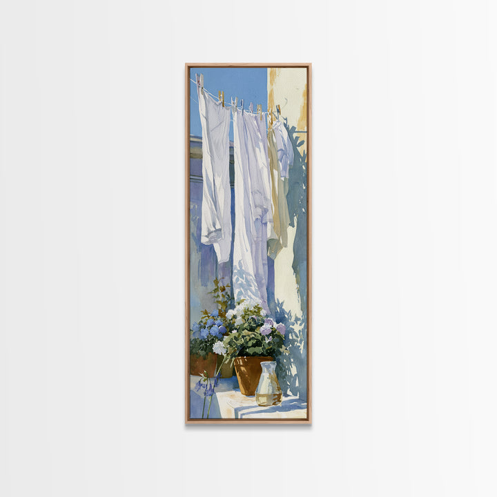 Clothesline with White Linens Blowing in Sunshine Canvas Print, Laundry Room Art, Living Room Decor, Abstract Art, Clean, LRA-1x3-85