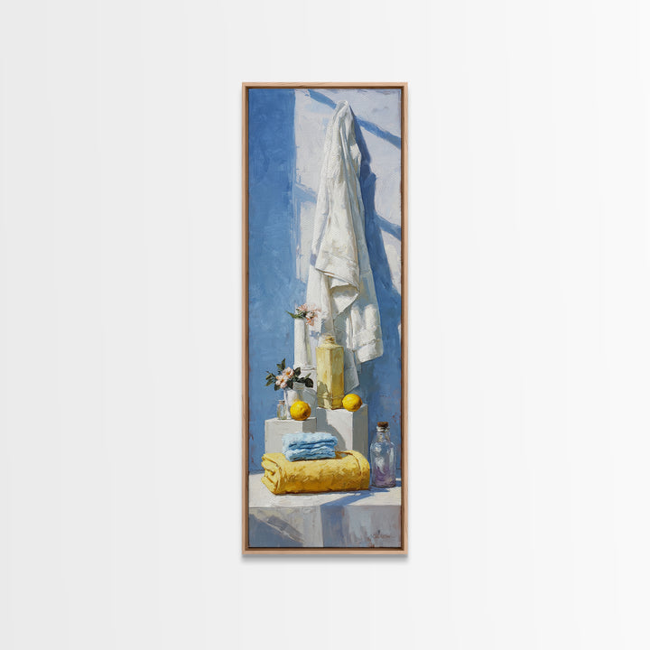 Lemon and Clean Linen Still Life Framed Canvas Print, Laundry Room Art, Living Room Decor, Abstract Art, Clean, LRA-1x3-87
