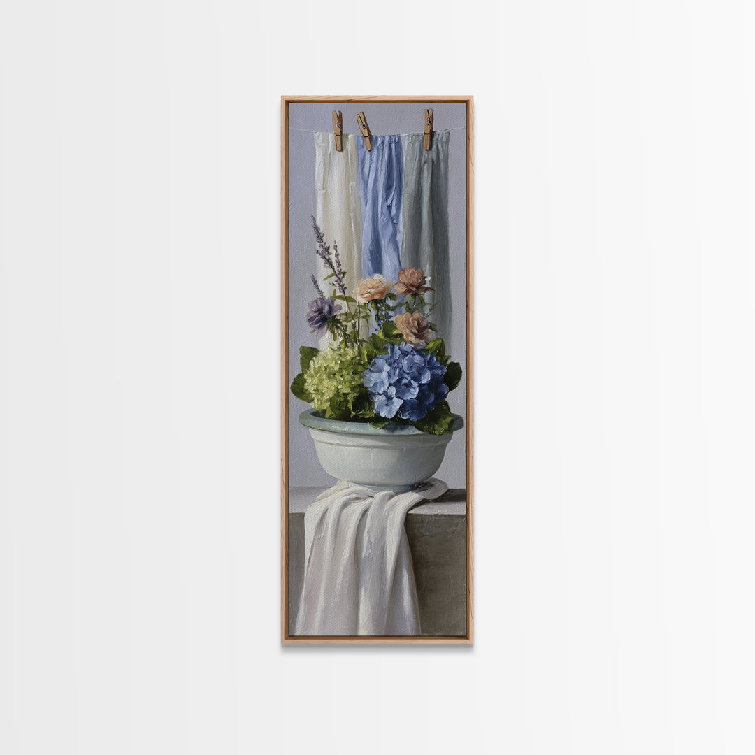 Old Enamel Basin Filled Framed Canvas Print, Laundry Room Art, Retro Wall Art, Living Room Decor, Clean, Digital Art Print, LRA-1x3-92