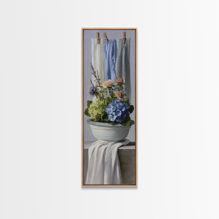 Old Enamel Basin Filled Framed Canvas Print, Laundry Room Art, Retro Wall Art, Living Room Decor, Clean, Digital Art Print, LRA-1x3-92