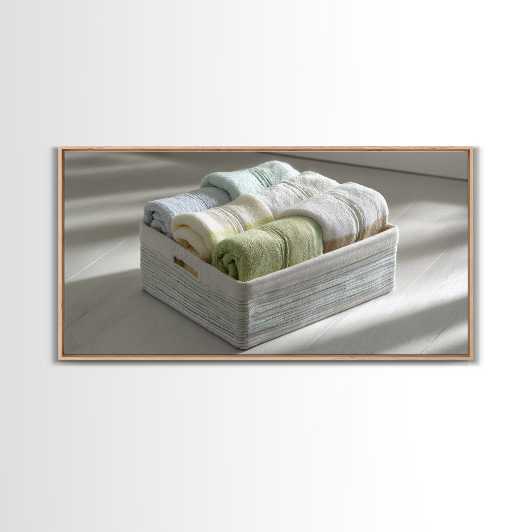 Basket of Folded Towels Framed Canvas Print, Laundry Room Art, Art Print, Living Room Decor, Fine Art, Clean, Artwork, LRA-2x1-10