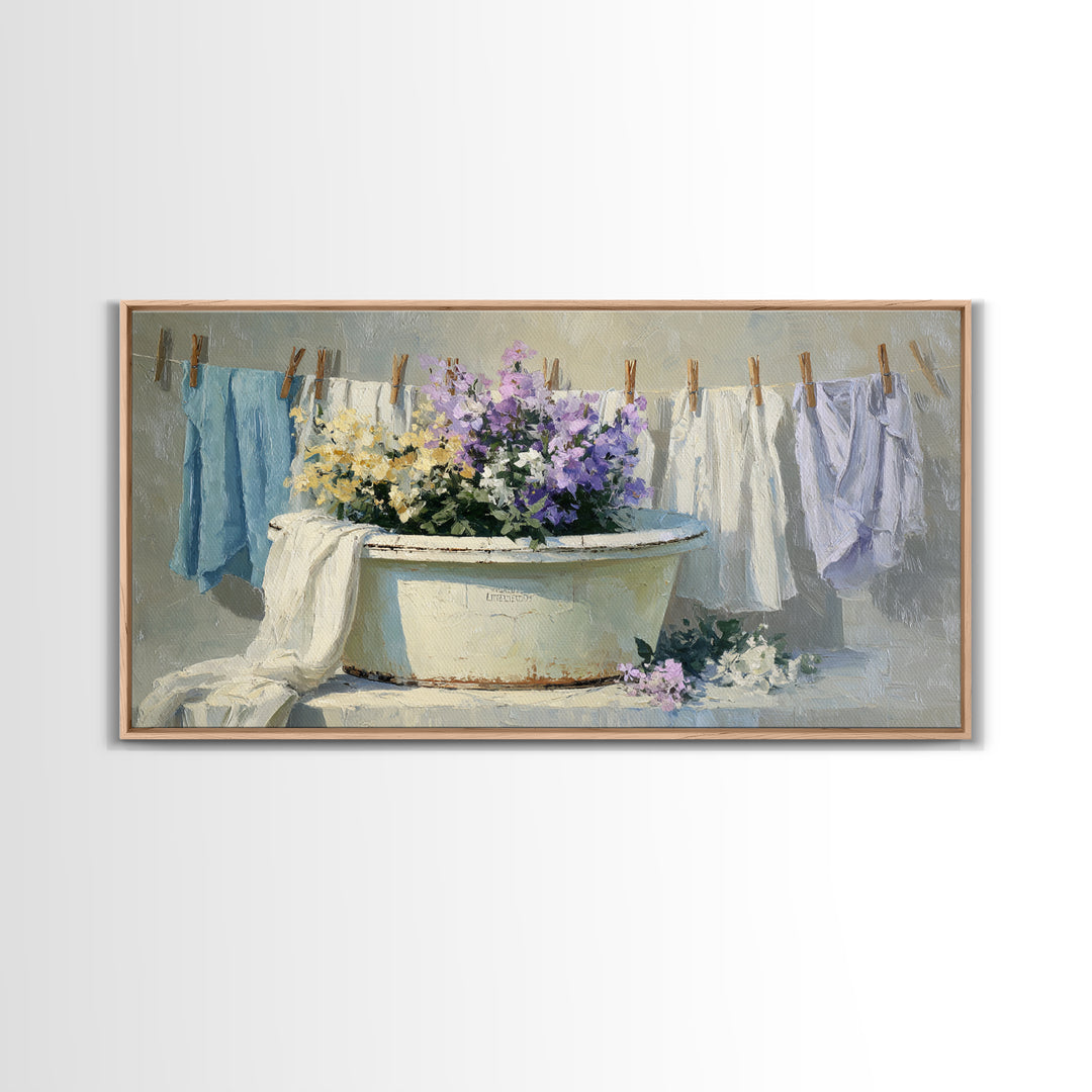 Old Enamel Basin Filled Framed Canvas Print, Laundry Room Art, Farmhouse Wall Art, Living Room Decor, Oil Painting, Clean, LRA-2x1-100
