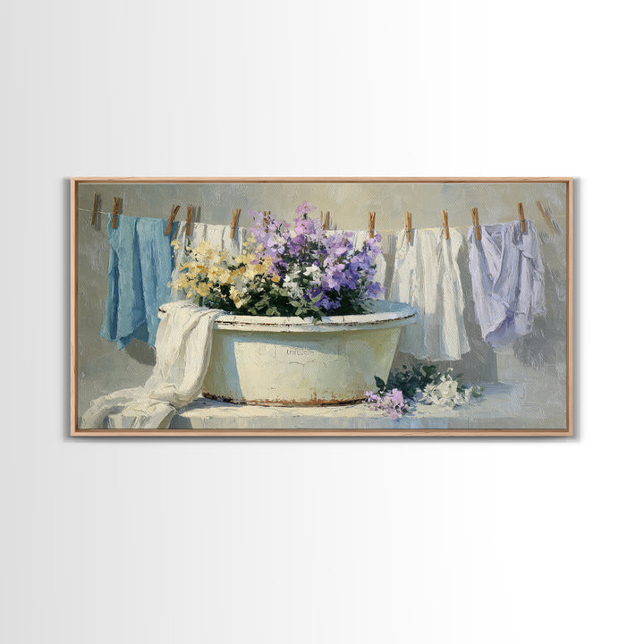Old Enamel Basin Filled Framed Canvas Print, Laundry Room Art, Farmhouse Wall Art, Living Room Decor, Oil Painting, Clean, LRA-2x1-100