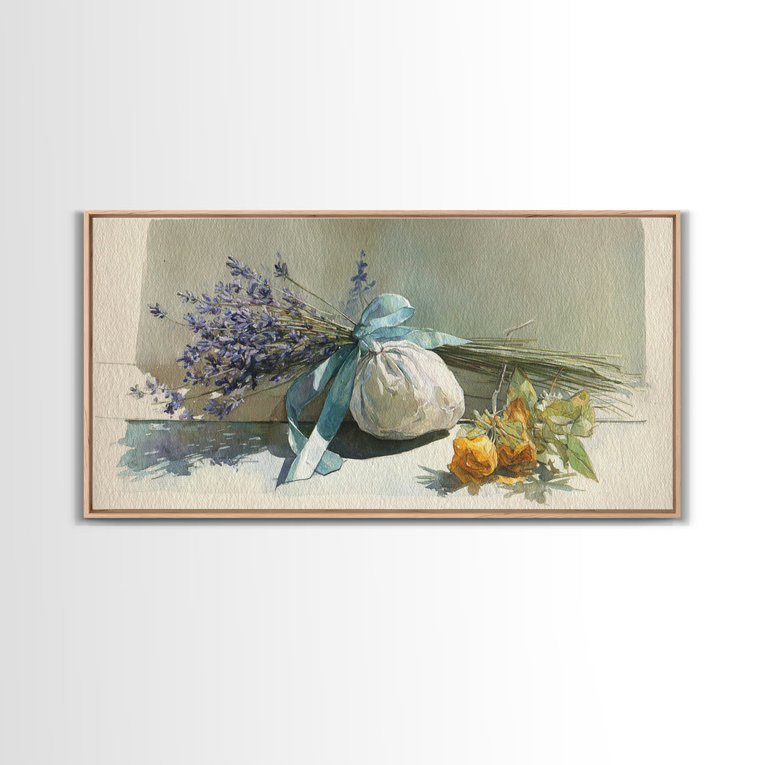 Lavender Sachet and Ribbon Still Life Framed Canvas Print, Laundry Room Art, Minimalist Decor, Living Room Decor, Clean, LRA-2x1-13