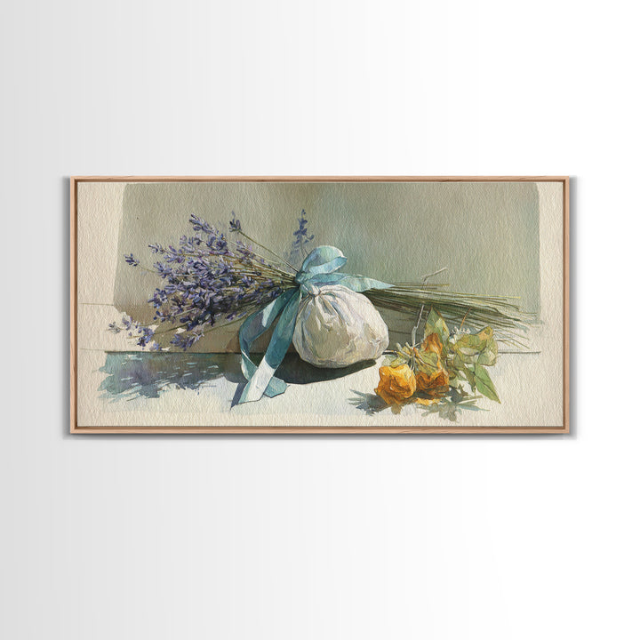 Lavender Sachet and Ribbon Still Life Framed Canvas Print, Laundry Room Art, Minimalist Decor, Living Room Decor, Clean, LRA-2x1-13
