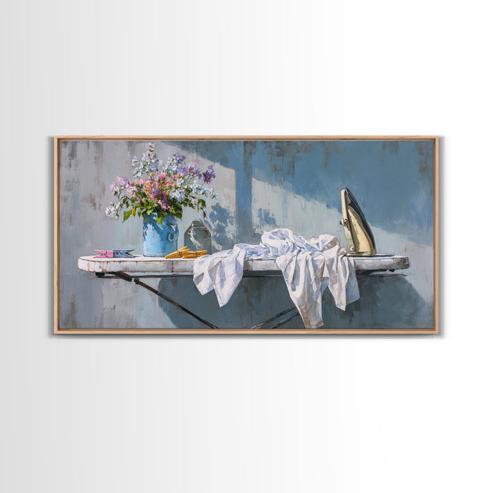 Ironing Board Still Life Framed Canvas Print, Laundry Room Art, Statement Artwork, Living Room Decor, Fine Art, Clean, LRA-2x1-20