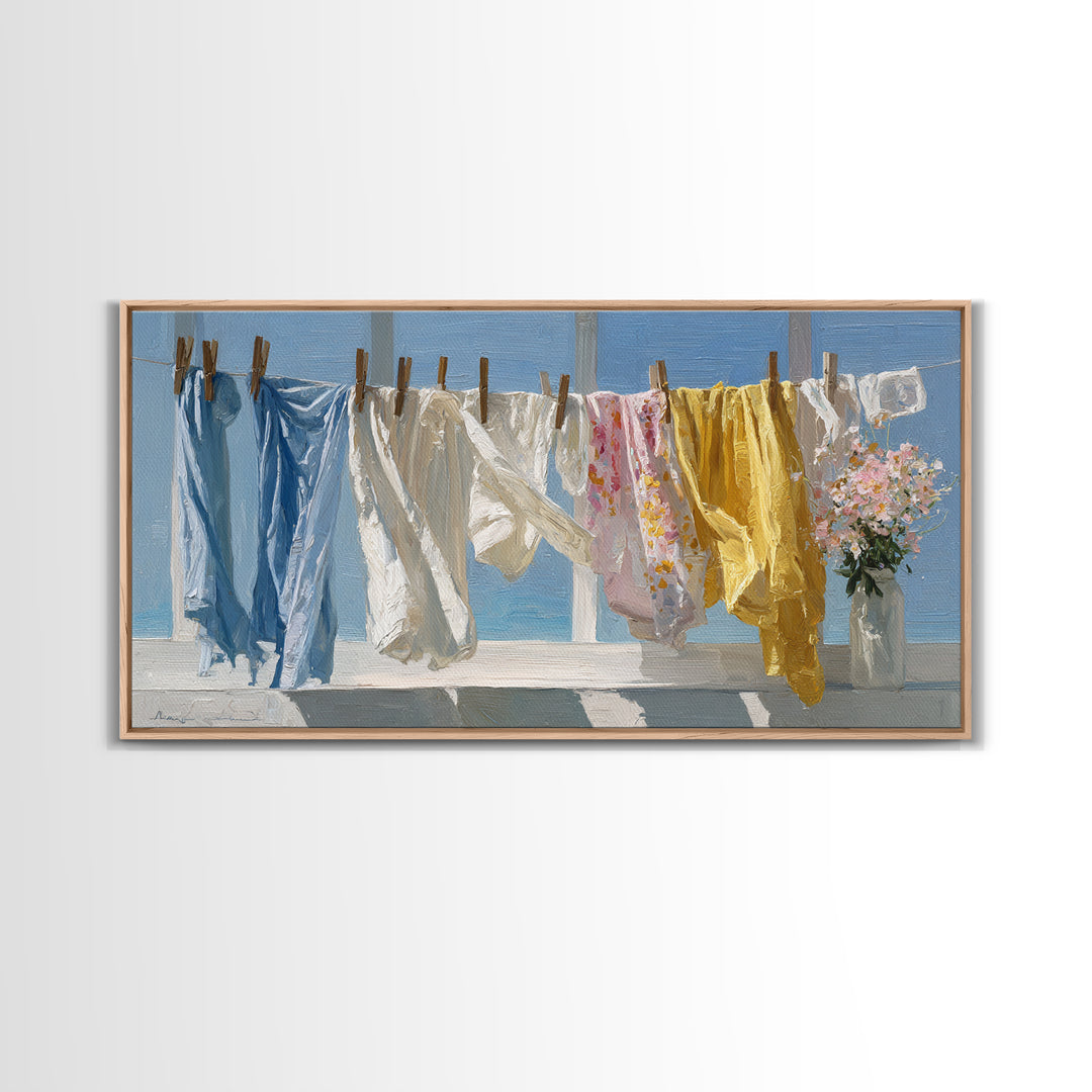 Clothesline with White Linens Blowing in Sunshine Canvas Print, Laundry Room Art, Home Decor, Living Room Decor, Clean, LRA-2x1-21