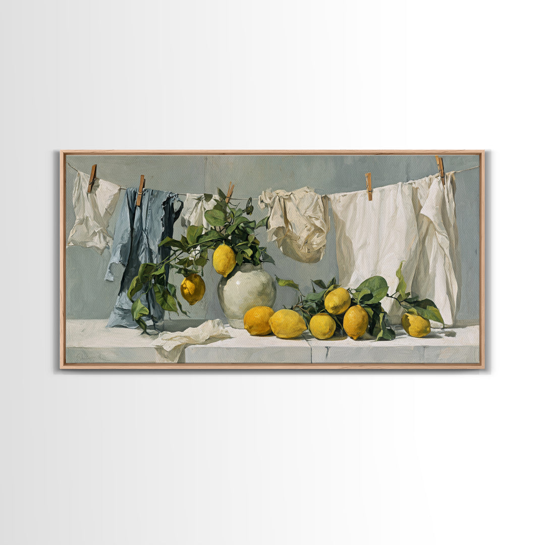 Lemon and Clean Linen Still Life Framed Canvas Print, Laundry Room Art, Digital Wall Art, Living Room Decor, Abstract Art, LRA-2x1-23