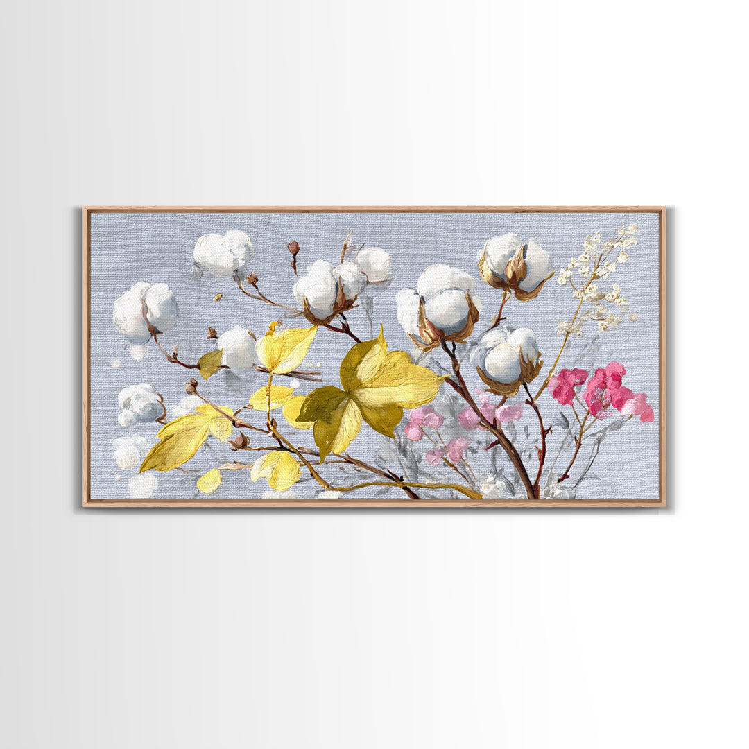 Fresh Cotton Branch Botanical Study Framed Canvas Print, Laundry Room Art, Fine Art Print, Living Room Decor, Fine Art, Clean, LRA-2x1-27