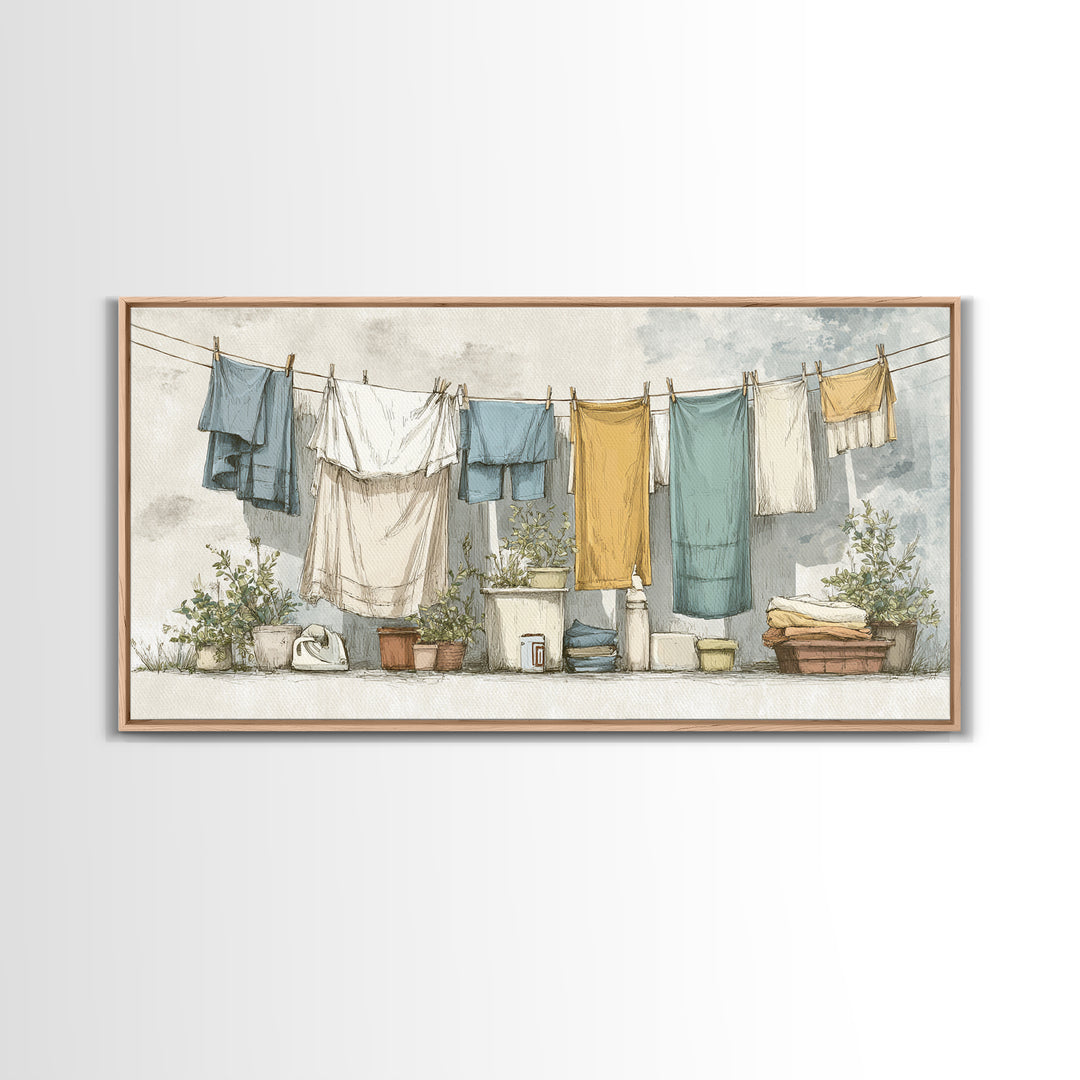 Retro Iron Illustration Framed Canvas Print, Laundry Room Art, Living Room Decor, Watercolor Art, Clean, Wall Art Print, LRA-2x1-29