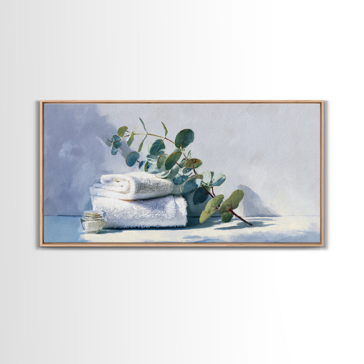 Sunlit White Towels and Eucalyptus Branch Canvas Print, Laundry Room Art, Digital Print, Living Room Decor, Fine Art, Clean, LRA-2x1-31