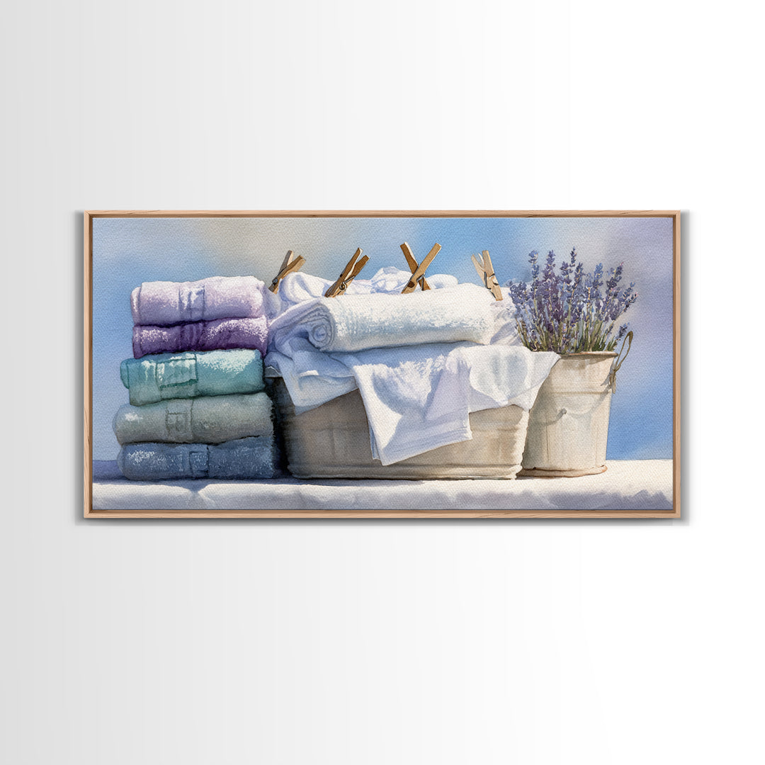 Basket of Folded Towels Framed Canvas Print, Laundry Room Art, Art Print, Living Room Decor, Fine Art, Clean, Artwork, LRA-2x1-34
