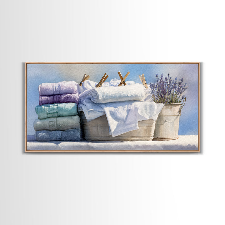 Basket of Folded Towels Framed Canvas Print, Laundry Room Art, Art Print, Living Room Decor, Fine Art, Clean, Artwork, LRA-2x1-34