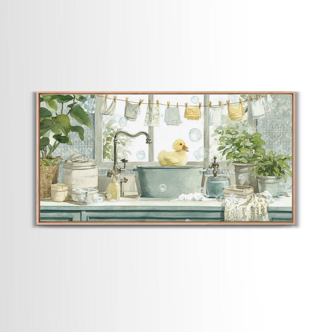 Duck and Bubbles Whimsical Watercolor Framed Canvas Print, Laundry Room Art, Living Room Decor, Oil Painting, Clean, LRA-2x1-35