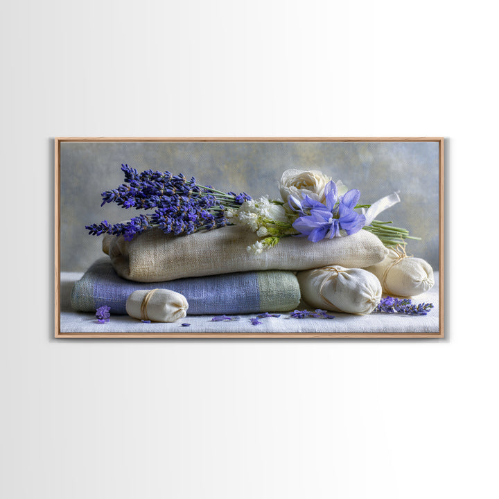 Lavender Sachet and Ribbon Still Life Framed Canvas Print, Laundry Room Art, Minimalist Decor, Living Room Decor, Clean, LRA-2x1-37