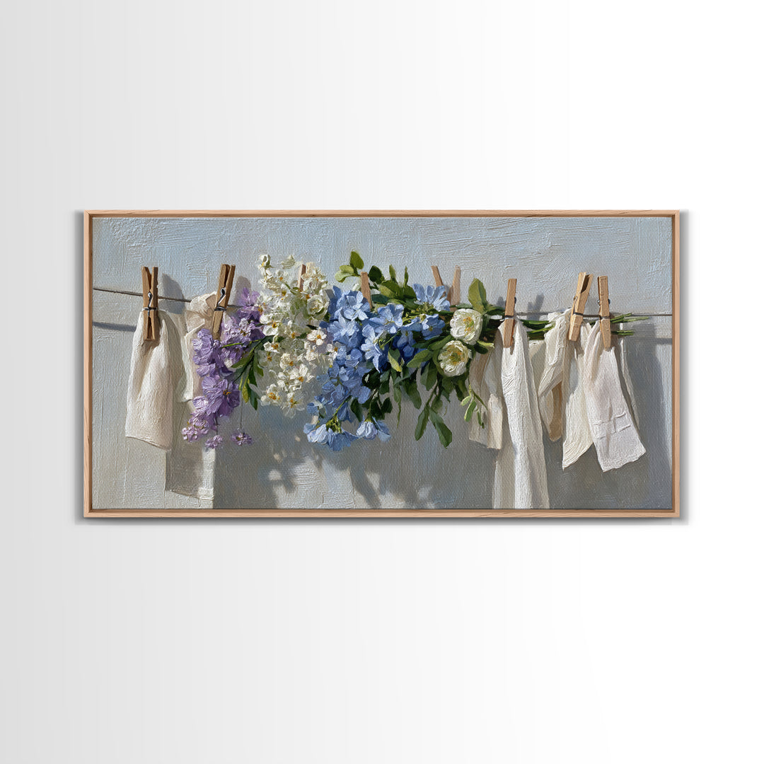 Clothespin Bouquet in Folk Art Style Framed Canvas Print, Laundry Room Art, Wall Decor, Living Room Decor, Fine Art, Clean, LRA-2x1-40